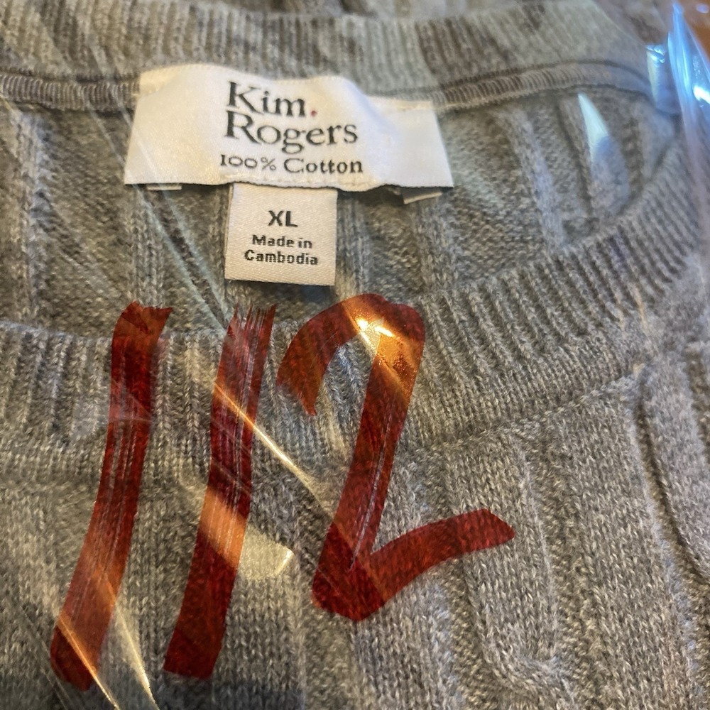 Kim Rogers Grey Cable Knit Button Shoulder 100% Cotton Crew Neck Sweater Size XL - Picture 6 of 6